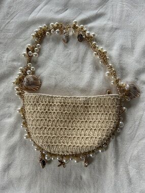 NWOT Pearl-Trim Straw Shoulder Bag - Cream